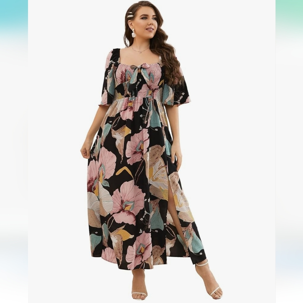 Floral High Waist A Line Split Maxi Dress